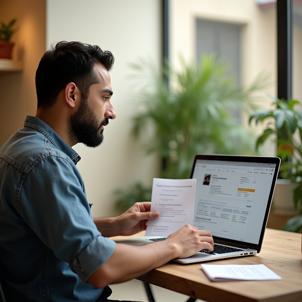 Small business owner reviewing their online presence and entity signals on a laptop in a bright studio space