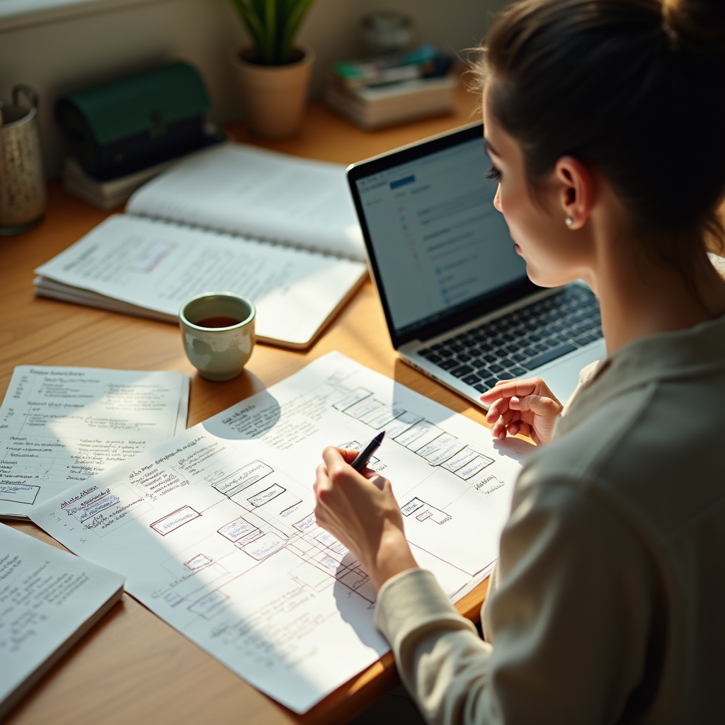 Researcher reviewing entity-based SEO documentation and diagrams at a creative studio desk